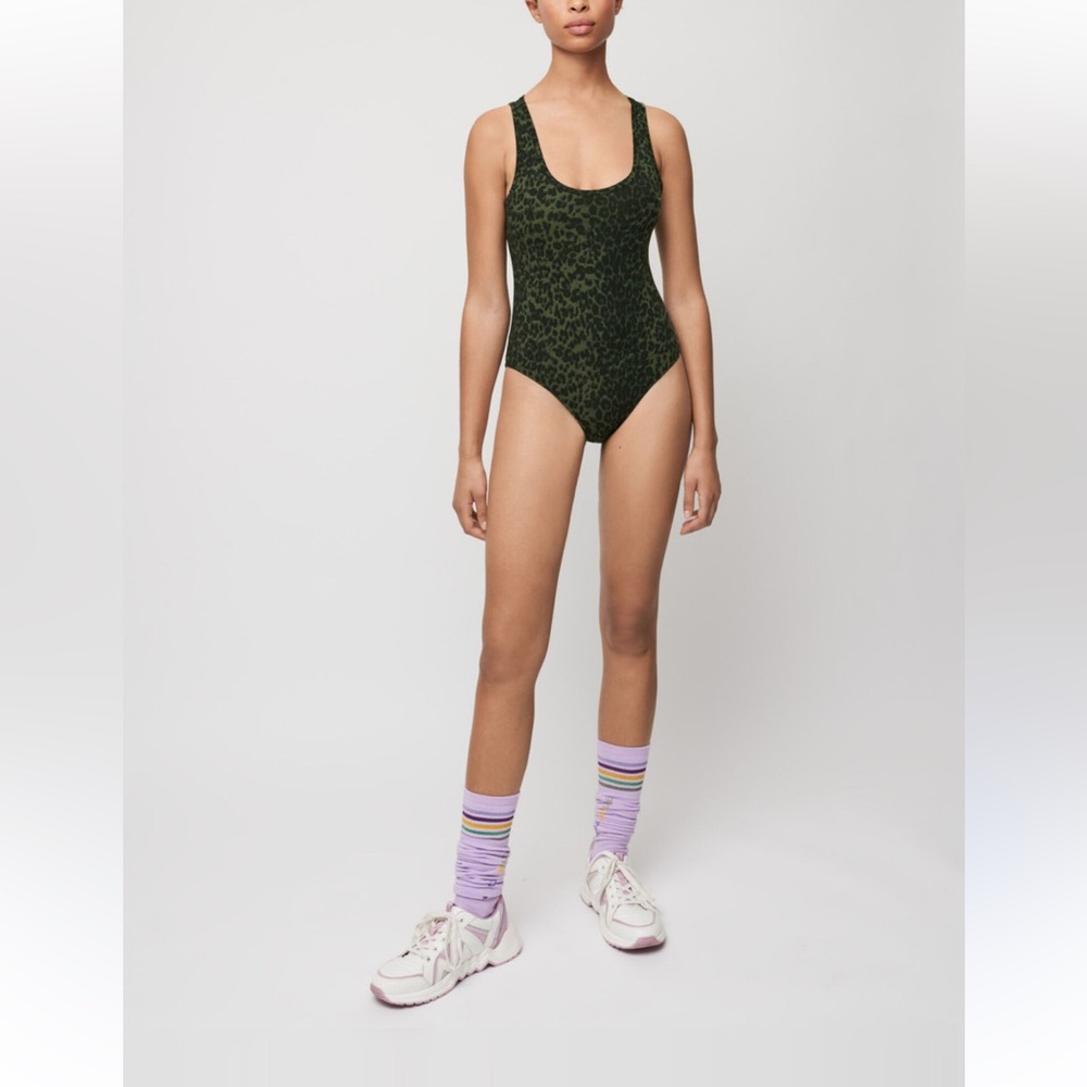 Maje and Varley Tallulah All In One Green Leopard Bodysuit - Picture 4 of 8
